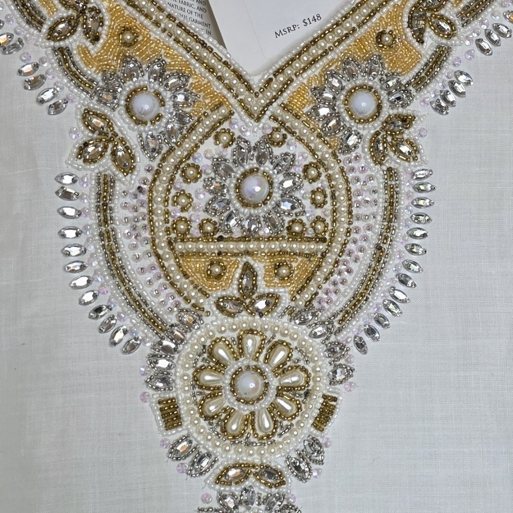 NEW Belle Mar Marena Sol White 100 %Linen Tunic Gold Pearl Beaded M - Picture 5 of 11